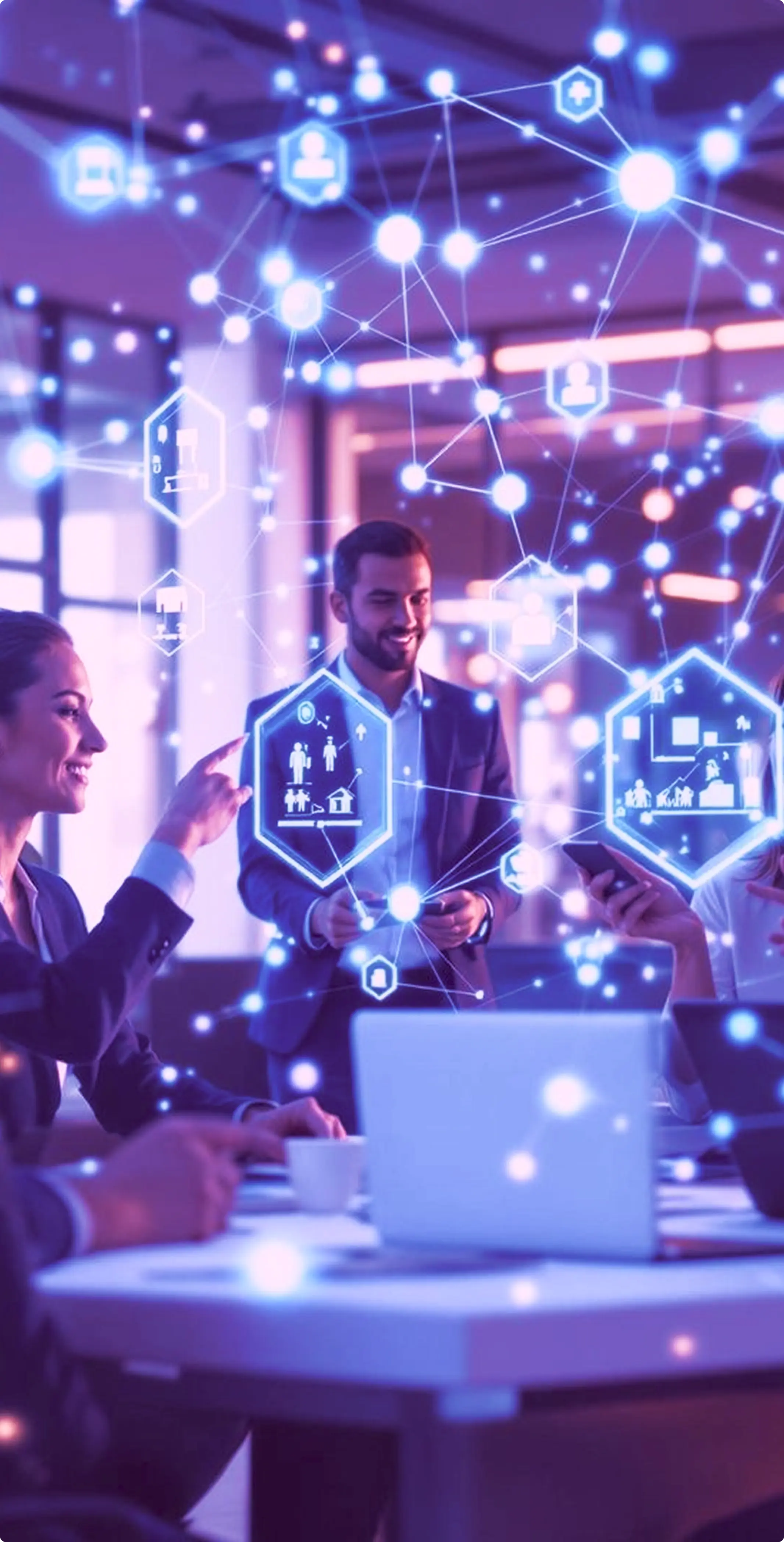 Rounded collage of industry experts collaborating in a conference room, representing why experts trust Octopyd