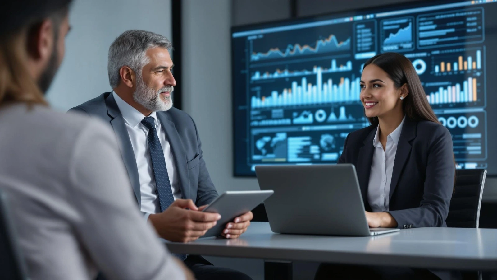 Professional with data overlays, symbolizing AI-powered hiring insights for mid-market teams